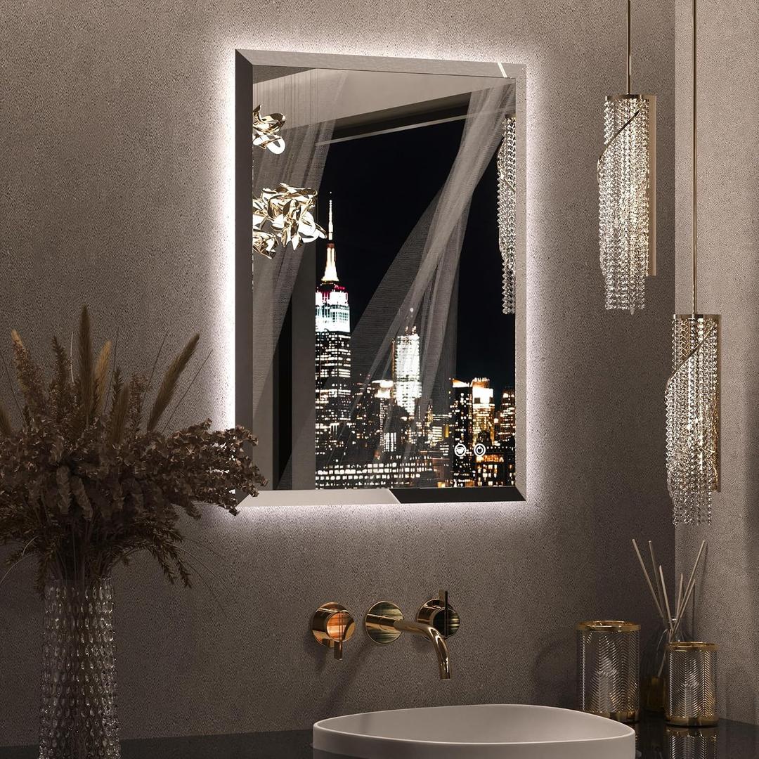 Keonjinn 20 x 28 Inch Backlit Mirror Bathroom, Frameless LED Mirror for Bathroom, Beveled Edge, HD Tempered Glass, UL-Listed LED Driver, Anti-Fog, Dimmable, Memory Function, French Cleat Installation