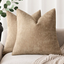 Foindtower Pack of 2 Textured Chenille Throw Decorative Pillow Covers Square Accent Solid Cushion Cover Neutral Farmhouse Pillow Case for Couch Sofa Bedroom Living Room 24x24 Inch,Taupe Khaki Camel