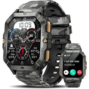 Military Smart Watches for Men (Answer/Make Calls), Watches for Men with Blood Pressure/Heart Rate/Sleep/100+ Sport Modes, 2.02'' Fitness Smart Watch, Waterproof Fitness Tracker for Android and iPhone (Camouflage)