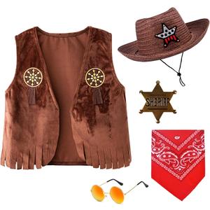 Kids Cowboy Cowgirl Costume 5PCS Set for Boys Girls Role Play Dress up 3-10 Year (9-10YHeight 55"-59")