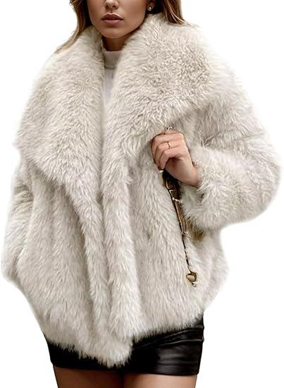 Wyeysyt Womens Faux Fur Coat Cropped Fluffy Shaggy Jacket Lapel Winter Warm Furry Short Coat