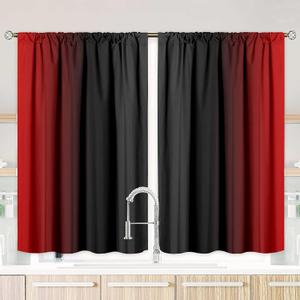 Red and Black Kitchen Curtains 2 Panels for Dining Room Abstract Ombre Curtain 39 inch Length Semi Sheer Rod Pocket Window Treatment Panel for Living Room,27.5"x39"