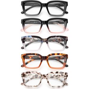 5 Pack Reading Glasses for Women, Oprah Style Blue Light Blocking Computer Readers, Square Eyeglasses with Spring Hinge (Multicolor)
