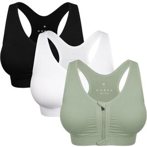 Women's Zip Front Sports Bra Wireless Post-Surgery Bra Active Yoga Sports Bras (Medium, 3 Pack(black+white+green))