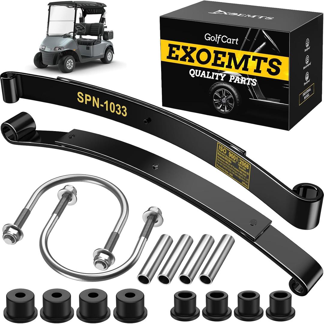 Heavy Duty Rear 2-Leaf Spring Kit for EZGO RXV 2008-Up Golf Carts, Dual-Action Suspension Upgrade with Bushings, Sleeves & U-Bolts, Replaces OEM# 603498, 604494, Smoother Ride & Load Support