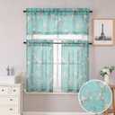 Aqua Floral Semi Sheer Kitchen Curtain Tiers and Valance Set 3 Piece | Floral Design, Linen Textured, Light Filtering, Privacy, 1 Valance 2 Tiers, Kitchen Bathroom Bedroom, 26"W x 36"L