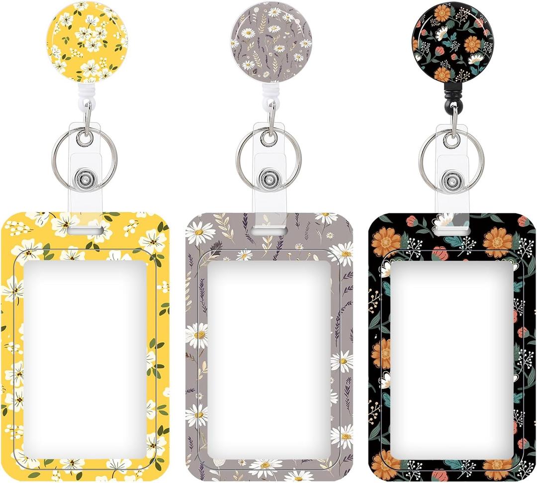 3 Set Heavy Duty Badge Holder with Retractable Reel,ID Badge Holder Key Card Work Badge Clip for Nurse Teacher Student Office Women Men (Flowers#02)