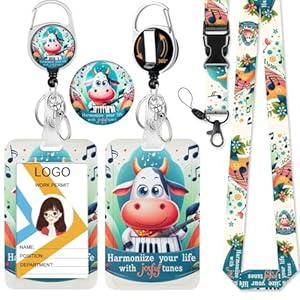 Harmony Cow Guitar Badge Holder with Breakaway Lanyard & Retractable Badge Reel with Heavy Duty Carabiner，360°Rotation Clip & Key Ring, Funny ID Card Holder for Office Work, Teacher, Student