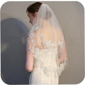 2 tier Lace Wedding Veils for Brides Short Waist Length Bridal Veil With Comb for Brides (White)