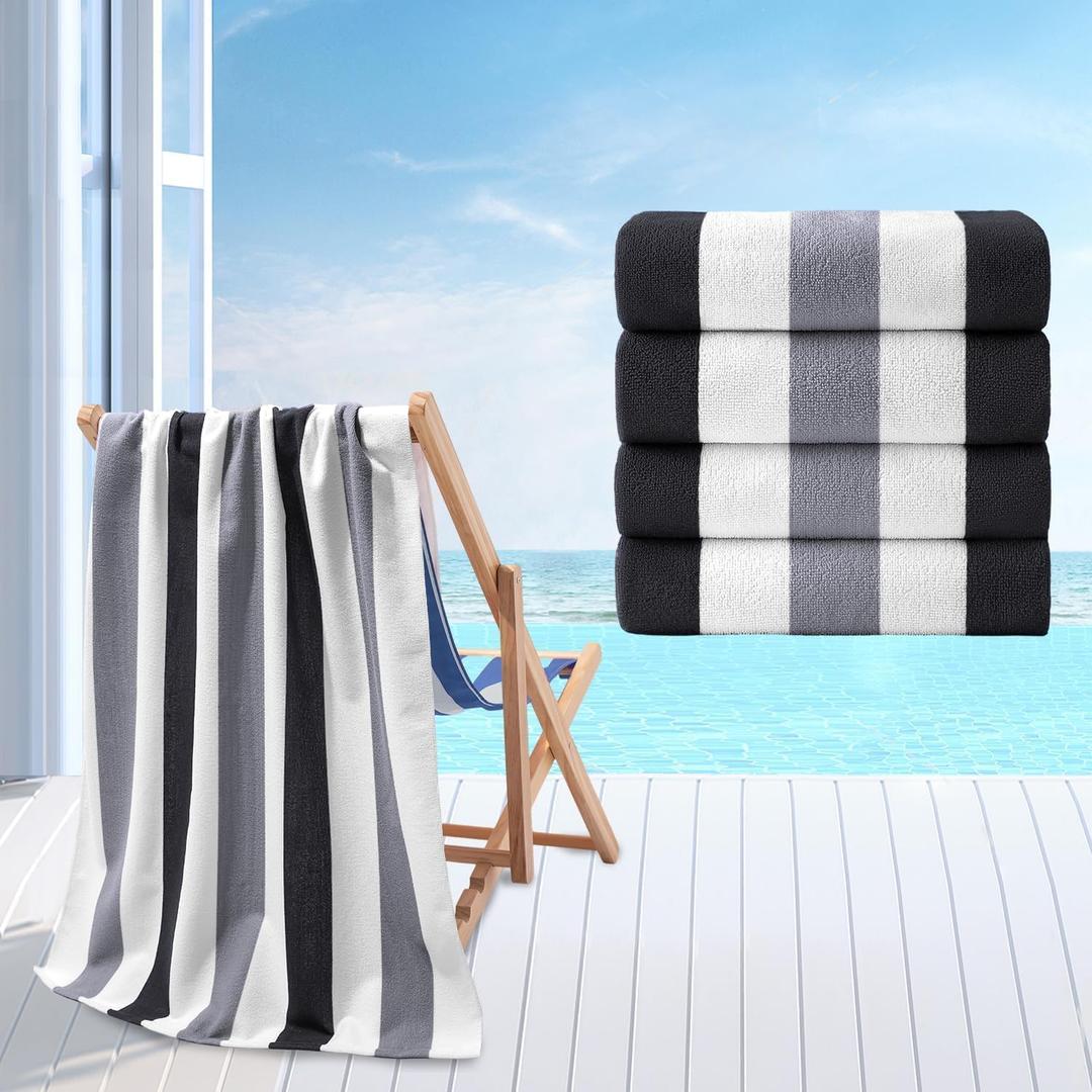 Beach Towel Set-4 Pack 30"x60" Sand Free Stripe Beach Towel for Pool,Bathroom,Soft Absorbent Quick Dry Lightweight Beach Bath Towel,Camping Blanket,Travel Towel,Beach Essentials for Adults,Grey/Black