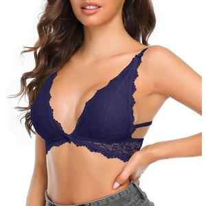 Women's Lace Bra Triangle Bralette Wireless Padded Plunge Low Back Bras Deep V Neck with Bowknot, Large