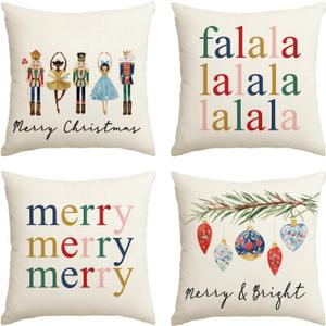 AVOIN colorlife Merry Christmas Nutcracker Throw Pillow Covers, 20 x 20 Inch Winter Holiday Party Cushion Case Decoration for Sofa Couch Set of 4 (White)