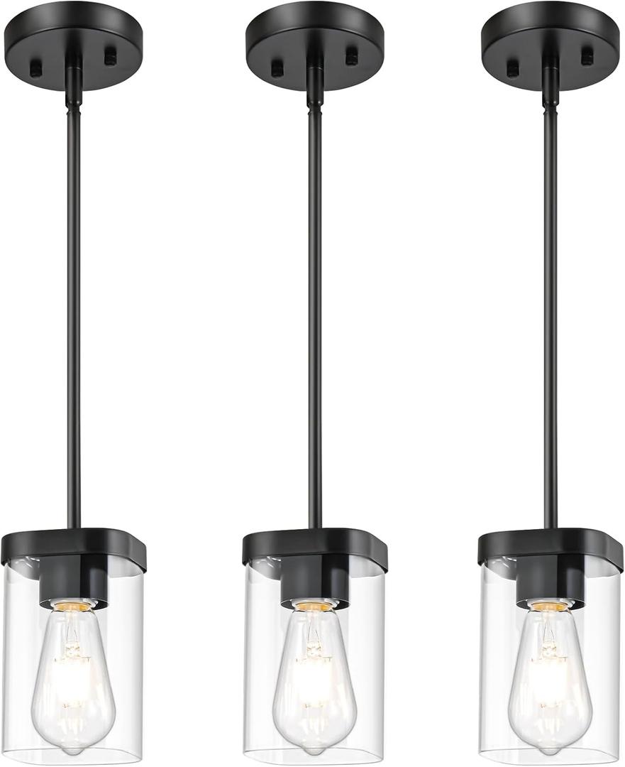 Modern Pendant Light Fixtures 3-Pack, Matte Black Pendant Lights Kitchen Island with Square Transparent Glass, Glass Pendant Light for Dining Room, Bedroom, Living Room, Hallway