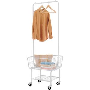 Tajsoon Laundry Cart with Hanging Rack, Metal Laundry Basket with Wheels, Laundry Hamper with Storage Basket and Shelf, Rolling Laundry Cart with Wheels, White