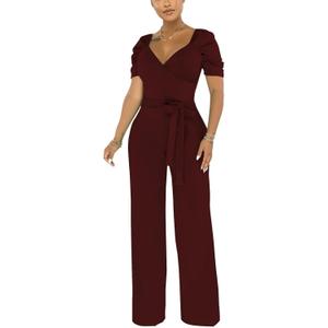 Dressy Jumpsuits for Women Elegant Sexy V-Neck Rompers Formal Evening Party Wide Leg Pant Suits (Large)