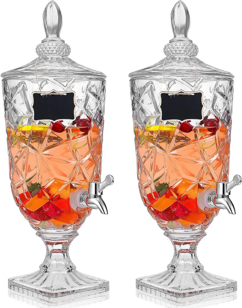 Zhehao 2 Pcs Drink Dispensers for Parties 1.3 Gallon Glass Beverage Dispenser Clear Vintage Crystal Iced Beverage Dispenser with Spigot and 2 Wooden Chalkboard Wide Mouth Beverage Server for Bar Home