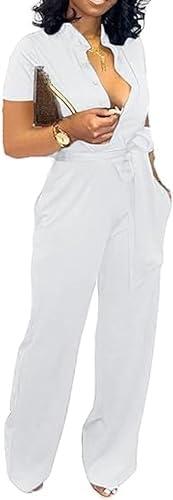 Yiershu Formal Jumpsuit for Women Dressy Elegant Long Straight Pants Jumpsuits for Party Club with Button Down, Size L