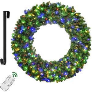 48in Large Christmas Outdoor Wreath - HOYECHI Lighted Wreaths Holiday Decor, Outdoor Wreath with 210 Colorful LEDs,714 PVC Tips, Metal Hook, 9 Functions, Timer, Power Plug-in, Remote Controls