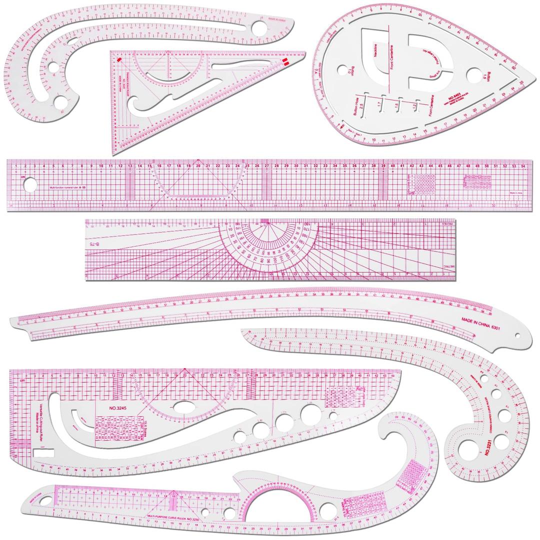 9 Pcs Clear Metric Sewing Ruler Set French Curve Pattern Making Ruler Kit for Knitting Tailors Crafting Dress Designers Sewing Beginner Supplies (9 Pcs - B)