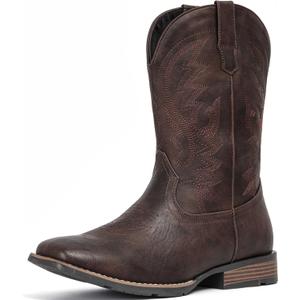 IUV Cowboy Boots For Men with Wide Square Toe Western Retro Boot Durable Classic Fashionable Embroidered Pull On Slip Resistant Boots (10.5, Coffee)