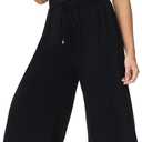 HOW'ON Women's Elastic Waist Wide Leg Casual Palazzo Capri Culottes Pants Soft Knit Cropped Pants Blue S (Blue, S)