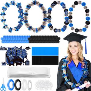 Shinylin 24 Sets 2026 Graduation Candy Lei Making Kit Include Clear Poly Candy Lei Tubing with Flower Card Grad Stickers White Rubber Bands Ribbons Glues for Graduation Party Supplies(Black and Blue)