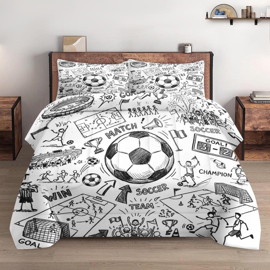 WeCozy Comforter Set Queen Size Comforter Set with 2 Pillowcases, Soccer Game Ball Cup Painting Soft 3 Pcs Bedding for Kids and Adults Bedroom Bed Decor