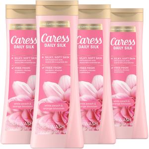 Caress Body Wash for Women, Daily Silk White Peach & Orange Blossom, Shower Gel Body Wash Moisturizing for Noticeably Silky, Soft Skin, 20 fl oz, 4 Pack