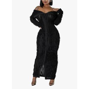 LETSVDO Women's Maxi Off Shoulder Dress Long Sleeve Button Down Ruffle Mesh Bodycon Sexy Dresses Stretchy XL