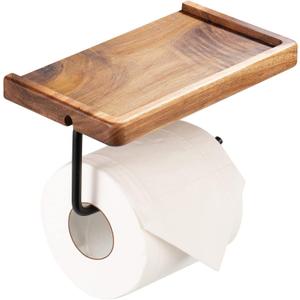 Toilet Paper Holder with Shelf: Wall Mount Bathroom Tissue Roll Storage with Adhesive& Screw, Matte Black Aluminum Alloy Bathroom Accessories Wood Shelf for Phone Wipes