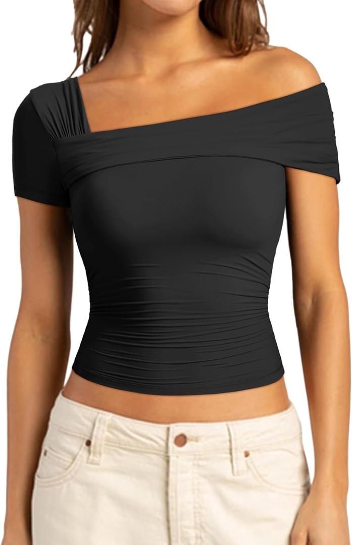 SUUKSESS Women One Off The Shoulder Summer Tank Tops Ruched Short Sleeve Shirts (X-Small, Black)