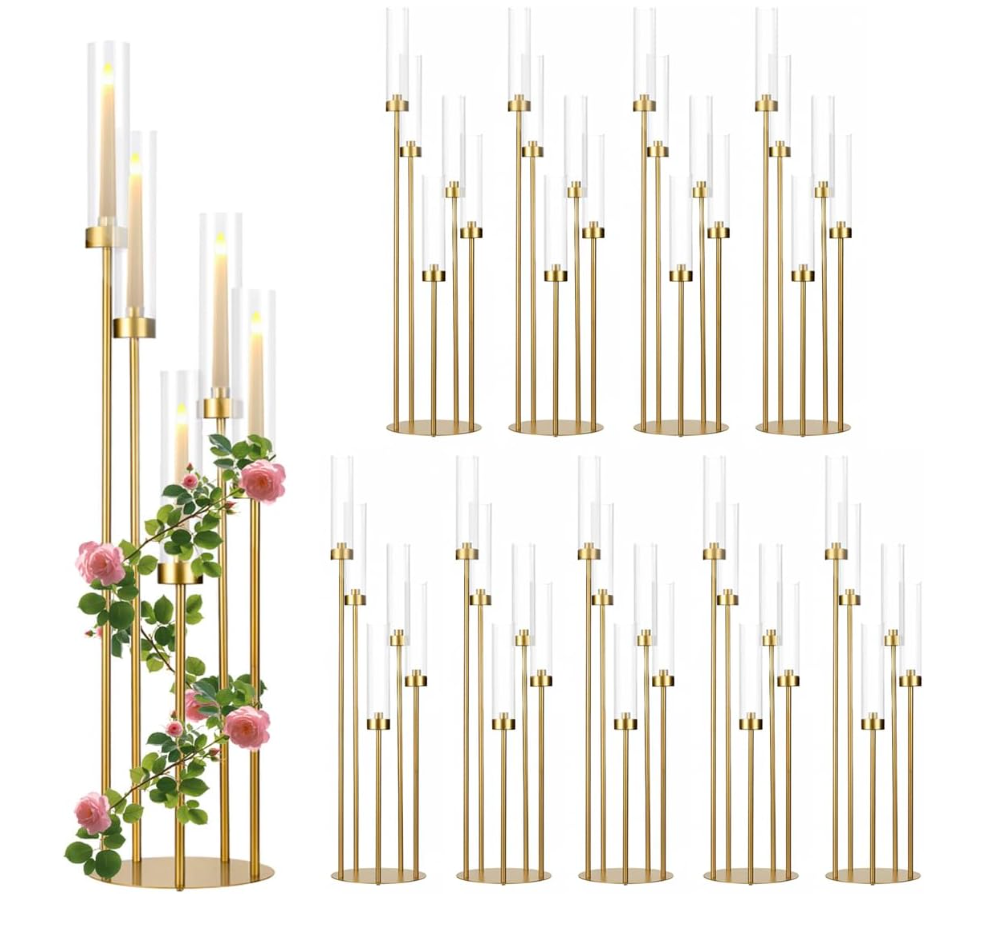 Gold Candelabra Centerpieces for Tables,Acrylic Candelabra 5 Arm for Wedding Tall Floor Candle Holder for Concert Party Housewarming Gifts centros de mesa para bodas candelabros navideos10PCS