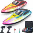 BEZGAR Remote Control Boat - 2 Packs 10 inch RC Boat with 7 LED Lighting Effects & 120 Min Playtime, 15 KPH RC Boats for Pool, Lake Fun for Kids Adults Red&Blue HJ825B