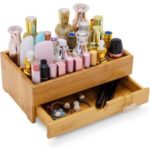 GOBAM Bamboo Makeup Organizers and Storage with Drawer - Wooden Cosmetic Organizer Countertop for Bathroom, Bedroom, Closet, Kitchen, Vanity & Dresser - Make up Vanity Station (Large)