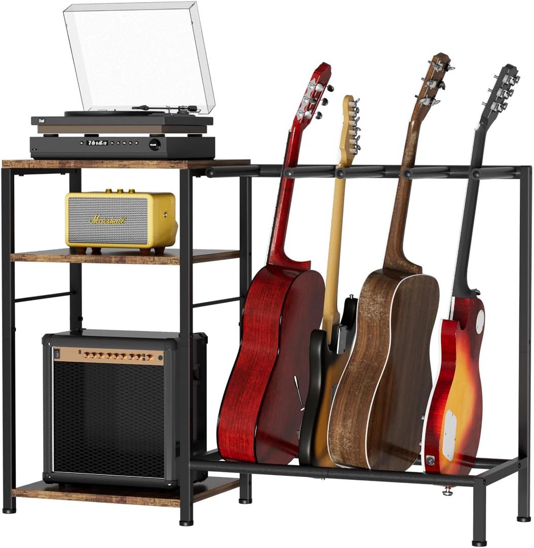 Guitar Stand for 4 Guitars, Adjustable Multiple Guitars Rack with Soft-Padded Protector for Acoustic, Electric, Bass & Ukulele, Guitar Display Stand with 3-tier Shelves for Amp & Vinyl Records