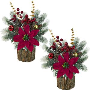 TORONTOKYO 2 Pack Small Christmas Tree Artificial Mini Tabletop Christmas Tree with Red Poinsettia Flower Berries Pine Cones Fake Potted Plant for Home Table Fireplace Mantel Indoor Xmas Decor (Red Green and Gold)