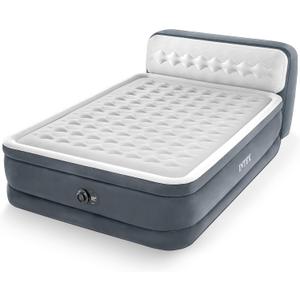 Intex 64447ED Dura-Beam Deluxe Ultra Plush Air Mattress with Headboard: Fiber-Tech – Queen Size – Built-in Electric Pump – 18in Bed Height – 600lb Weight Capacity
