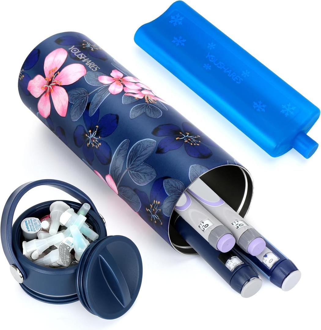 YOUSHARES Insulin Cooler Travel Case - 48H Non-Electric Cooling Bottle with TSA Approved Ice Pack, Diabetic Medication Pen Vials Refrigerator, Medical Carry Case Portable for 15 EpiPens (Cup_Magnolia)