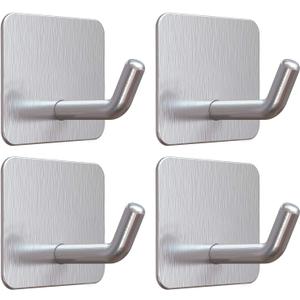 VIS'V Adhesive Hooks, Heavy Duty Shower Wall Stick on Hooks, Waterproof, 2 Extra Adhesive Strips, Silver, 4 Pcs