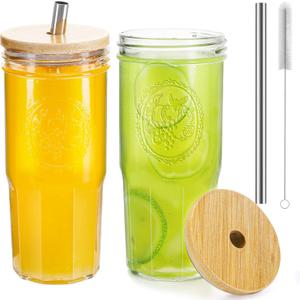 24 oz Glasses Drinking Set with Leakproof Bamboo Lids & Metal Straws, Glass Cups Set Double-Sided Fruit Print, Wide Mouth Kitchen Glasses Tumblers for Iced Coffee, Juice and Smoothie - 2 Pack