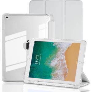 Case for iPad 9.7 Inch 6th/5th Generation (2018 2017), Hybrid Protective Cover with Pencil Holder, Clear Transparent Back Shell Anti-Yellowing Case for iPad 6 5 Gen, Light Gray