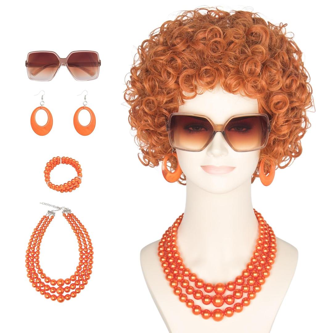 Yan Dream Women Short Curly Red Brown Wig and Glasses Orange Chunky Jewelry Set Party Cosplay Wig