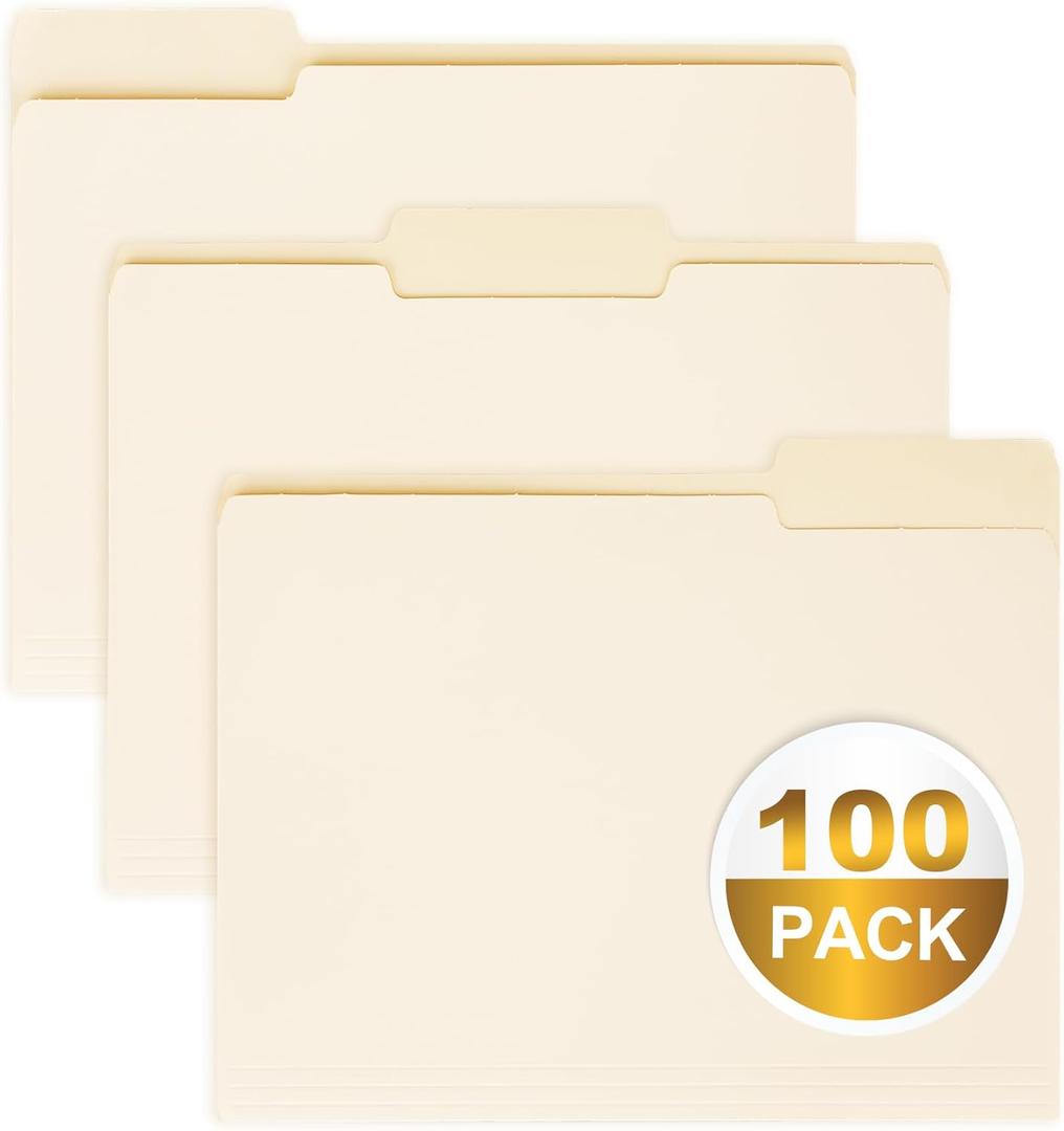 100 Packs Manila File Folder,Manila Folder 9.5x11.5/8 Cut Tabs Folder for Office,School and Home,Organizer File Folder Letter Size