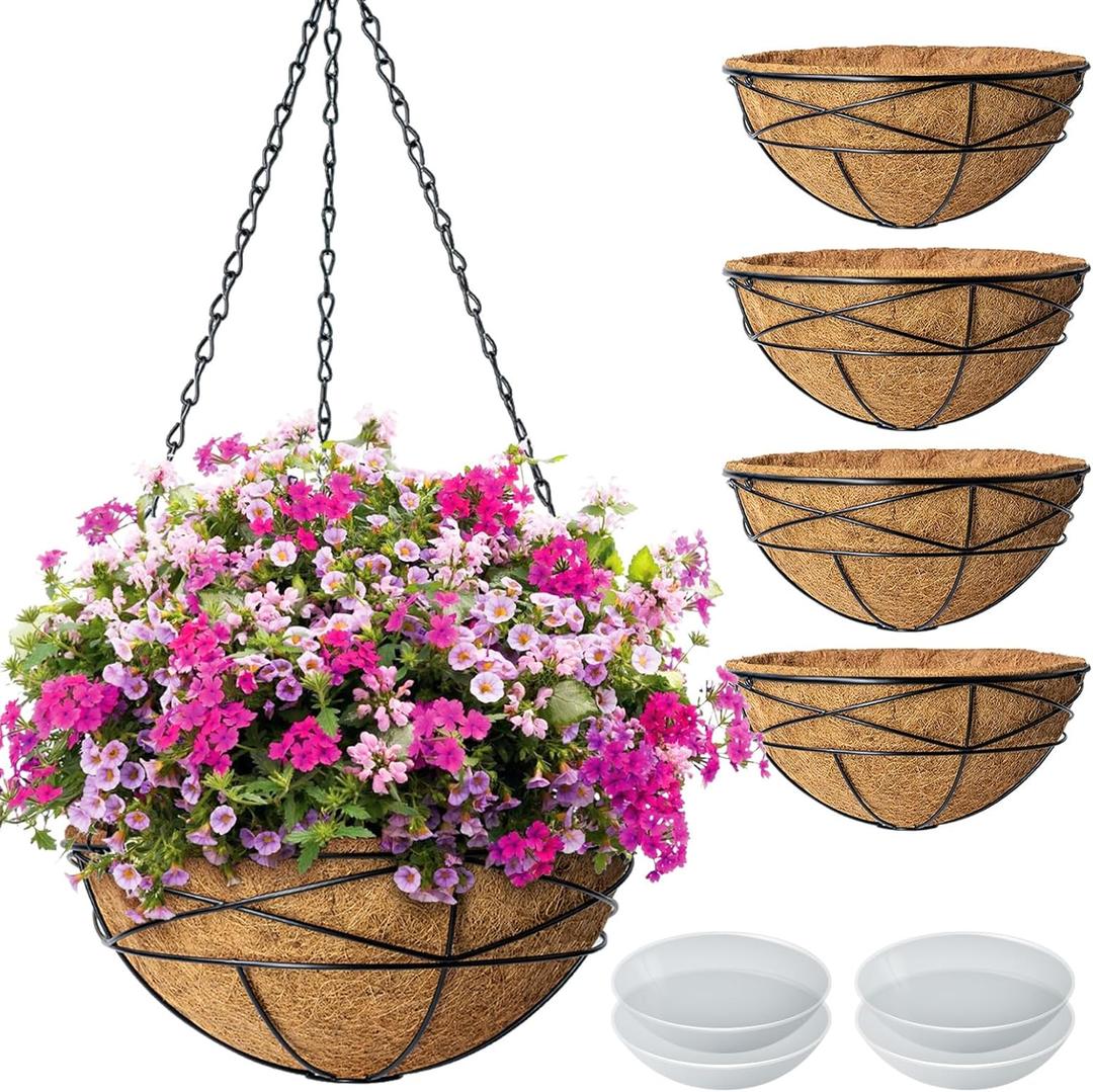 4 Pack 10 Inch Hanging Planters Metal Wire Flower Baskets with Natural Coconut Liners for Outdoor Plants Round Plant Holder Planter for Garden Decor