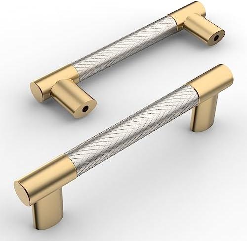 Amerdeco 10 Pack Brushed Nickel and Gold Knurled Cabinet Pulls 3.75 Inch Hole Center Brushed Brass Kitchen Cabinet Handles for Drawer Cupboard and Wardrobe ZH0038