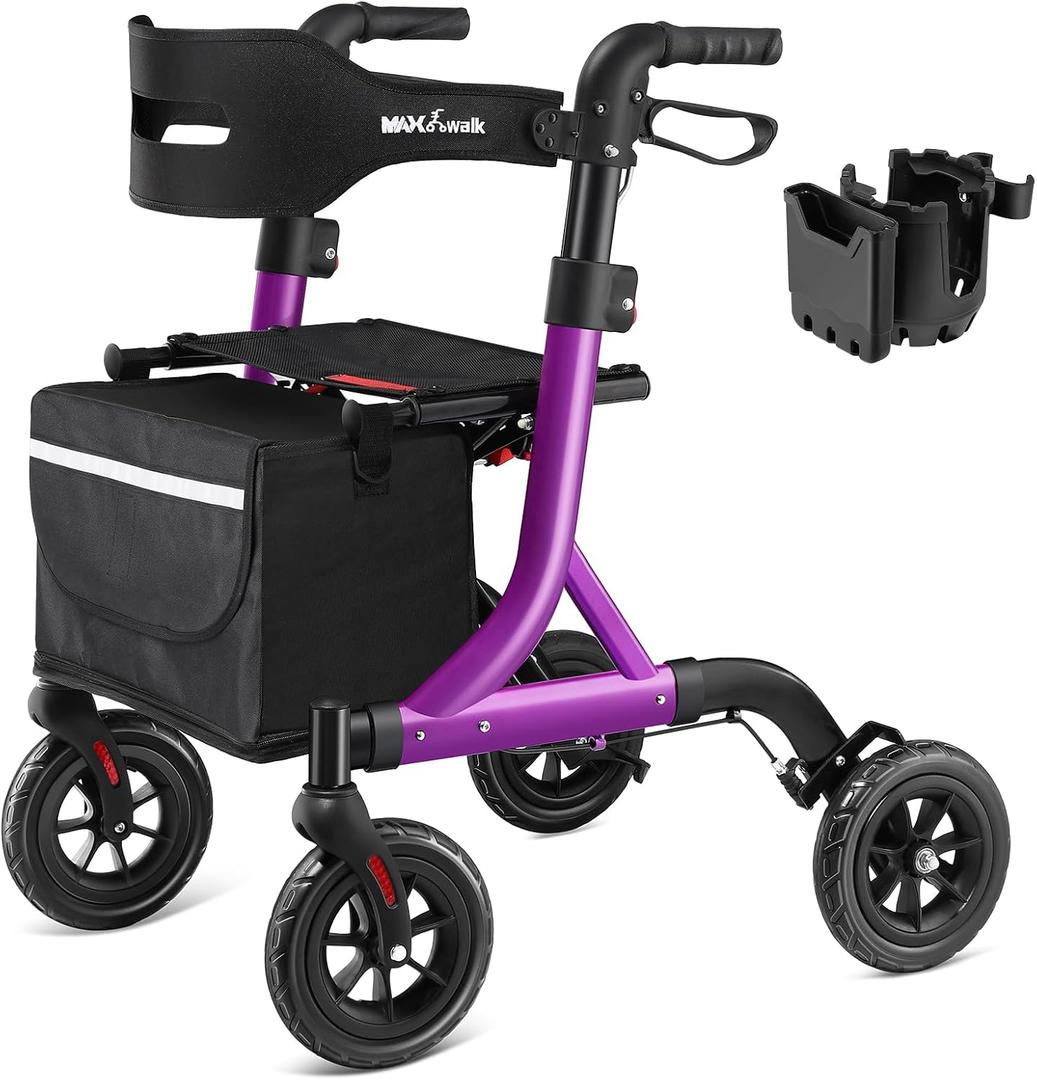 MAXWALK Walkers for Seniors, Rollator Walker with Seat, 8" Rubber Wheels All Terrain Rollator Walker with Backrest, Aluminum Walkers Built-in Cable, Foldable and Adjustable Height for Seniors, Purple