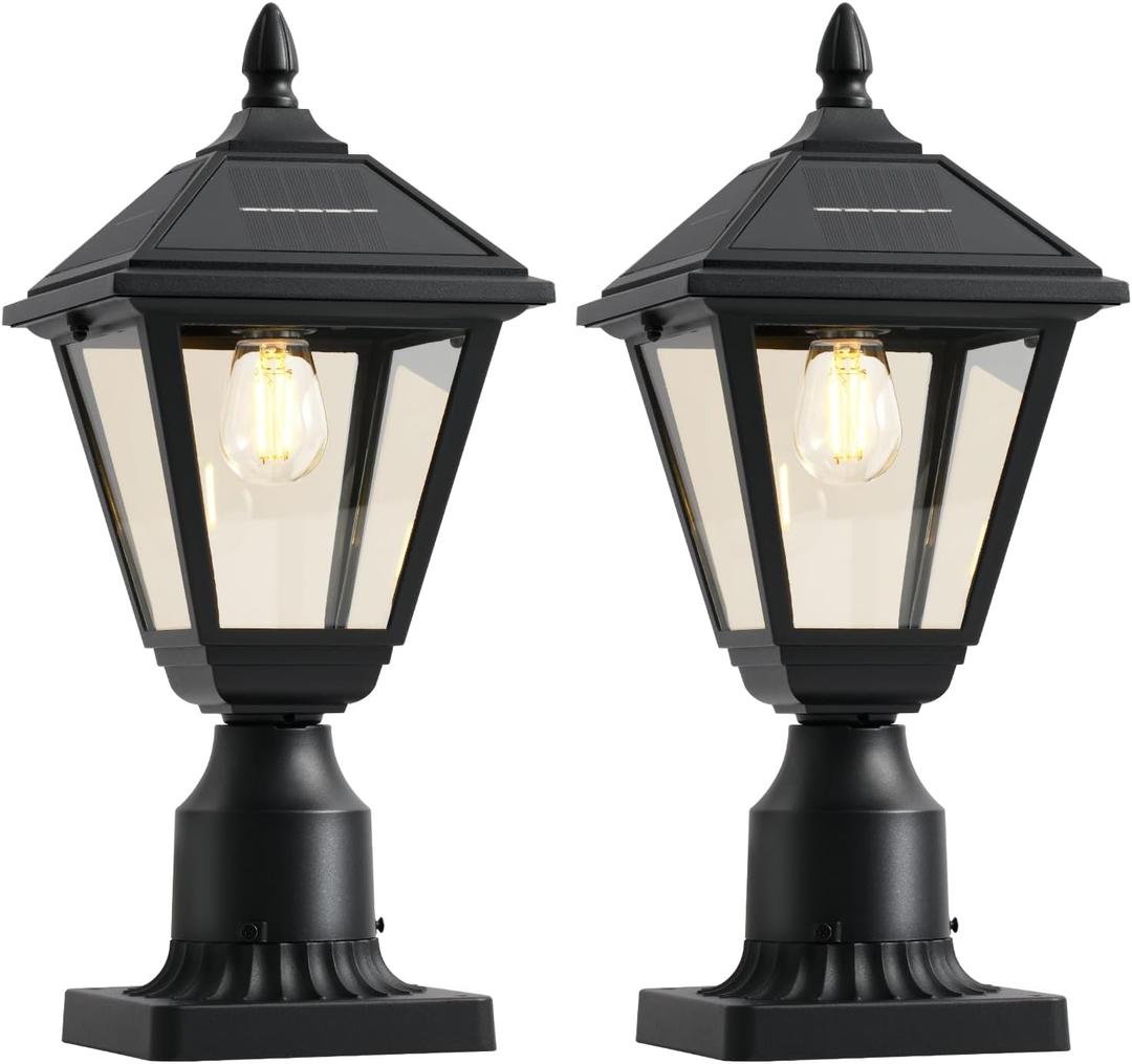 Solar Lamp Post Lights 2 Pack, 3000K Dusk to Dawn Solar Post Lights with Pier Mount Base, Waterproof Outdoor Post Lantern, Aluminum & Glass Housing for Garden Yard Pole Pillar