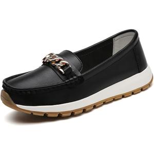 Women's Leather Chain Loafers, Comfort Platform Moccasins, Slip-on Driving Shoes, Multiple Colors (8.5, Black Out)