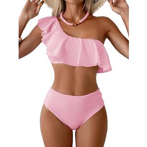 Aidonger Women's High Waisted Bikini Sets One Shoulder Ruffle Two Piece Swimsuit Tummy Control Bathing Suit Pink, Medium 