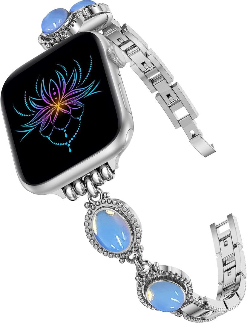 Moolia Turquoise Stone Bracelet Compatible with Apple Watch Band 42/41/40/38/46/45/44/49mm Women Metal Handmade Adjustable Replacement for iWatch Series 11 10 9 8 7 6 5 4 3 2 1 SE/Ultra1/2/3 (Silver/Pearl)